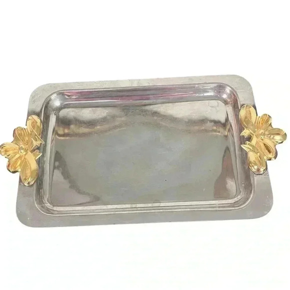 VTG Stainless Steel Tray With Gold Bows Kitschy Holiday Grannycore 12.5in x 8in - Picture 1 of 5